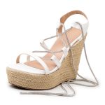 Sandália Feminina Anabela Plataforma Amarração Tornozelo 40102 Napa Off White