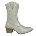 Bota Feminina Western Couro Legítimo Off-White Salto Bloco Texana 8805