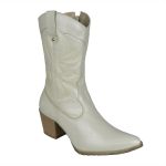 Bota Feminina Western Couro Legítimo Off-White Salto Bloco Texana 8805