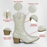 Bota Feminina Western Couro Legítimo Off-White Salto Bloco Texana 8805