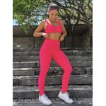 conjunto feminino fitness top cruzado e legging texturizado na cor rosa neon