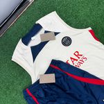 (MANCHADO) Conjunto Regata e Short Psg 23/24 - Masculino Bege/azul (ESCUDO OFF WHITE)