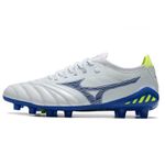 Chuteira Campo Mizuno Morelia Neo 3 (FG) - Cinza/Azul com Detalhes Verde Neon