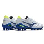 Chuteira Campo Mizuno Morelia Neo 3 (FG) - Cinza/Azul com Detalhes Verde Neon
