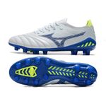 Chuteira Campo Mizuno Morelia Neo 3 (FG) - Cinza/Azul com Detalhes Verde Neon