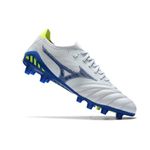 Chuteira Campo Mizuno Morelia Neo 3 (FG) - Cinza/Azul com Detalhes Verde Neon