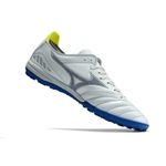 Chuteira Society Mizuno Morelia Neo (TF) - Cinza/Azul com Detalhes Verde