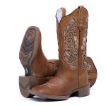 Bota Texana Country Cano Alto Couro Legítimo Premium Bico Quadrado Beauty