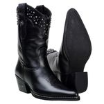 Bota Feminina Bico Fino Cano Curto Em Couro Legitimo Cor Preta Com Strass 