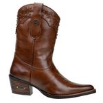 Bota Feminina Bico Fino Cano Curto Em Couro Legitimo Cor Pinhao Com Strass
