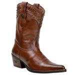 Bota Feminina Bico Fino Cano Curto Em Couro Legitimo Cor Pinhao Com Strass