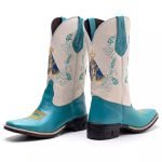 Bota Texana Feminina Couro Fossil Azul Turqueza e Ecologico Marfim 