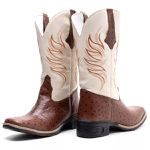 Bota Texana Feminina Couro Avestruz Imit Tan e Ecologico Marfim
