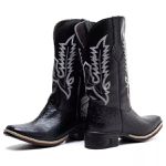 Bota Texana Feminina Couro Avestruz Imit Preto e Ecologico Preto
