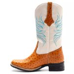 Bota Texana Feminina Couro Avestruz Imit Conhaque e Ecologico Marfim