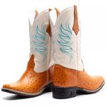 Bota Texana Feminina Couro Avestruz Imit Conhaque e Ecologico Marfim