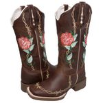 BOTA TEXANA HOPPER FEMININA BORDADA ROSAS SOLA CAFÉ FRANCA BOOTS 