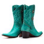 Bota Texana Feminina Couro Fossil Azul Turquesa Com Tachinhas e Puxador Diferenciado