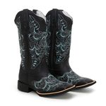 BOTA TEXANA FEMININA BORDADA COURO PRETO FB118