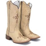 BOTA TEXANA FEMININA BORDADA CRUZ COURO AREIA FB109 