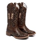 BOTA TEXANA FEMININA LASER DESENHO CRUZ EM COURO 