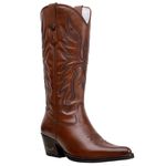  Bota Feminina Texana Couro Legitimo Bico Fino Cor Pinhão Bordado Café