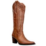 Bota Texana Feminina Em Couro Castor Cano Longo e Bordado Bege