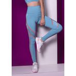 Calça Fitness Azul, Azul Claro Brilho e Laranja com Recortes Diagonais em Microfibra - AZUL CLARO