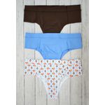 Kit 3 Calcinhas Floral Geométrico, Azul Claro e Castanho em Microfibra - ESTAMPADA