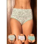Kit 3 Calcinhas Frelith Cós Alto Floral Verde e Branco - ESTAMPADA