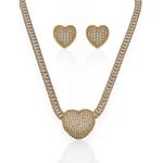 CONJUNTO COLAR E BRINCO FOLHEADO A OURO 18K E PRATA CORDÃO COM NAVETE E ZIRCÔNIAS CORAÇÃO