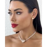 CONJUNTO COLAR E BRINCO FOLHEADO A OURO 18K E PRATA CORDÃO COM NAVETE E ZIRCÔNIAS CORAÇÃO