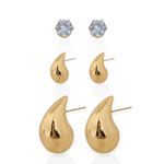 TRIO DE BRINCOS FOLHEADO A OURO 18K GOTAS E PONTO DE LUZ