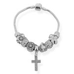 PULSEIRA FOLHEADO A PRATA INSPIRACAO COM BERLOQUES DE COTACAO E CRUZ CRAVEJADA