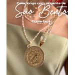 COLAR LONGO SEMIJOIA CORRENTE PEROLAS MEDALHA DE SÃO BENTO DUPLA FACE