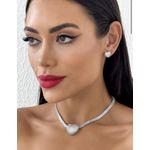 CONJUNTO COLAR E BRINCO FOLHEADO A OURO 18K E PRATA CORDÃO COM NAVETE E ZIRCÔNIAS CORAÇÃO