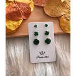 Trio de Brinco Zircônia Colorida Redonda Cor Verde Prata 925