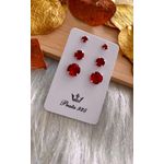 Trio de Brinco Zircônia Colorida Redonda Cor Vermelho Prata 925
