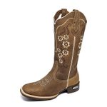 Bota Texana Country Feminina Bordado Em Flor Couro Caramelo