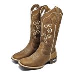 Bota Texana Country Feminina Bordado Em Flor Couro Caramelo