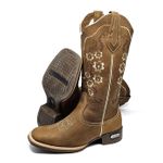 Bota Texana Country Feminina Bordado Em Flor Couro Caramelo
