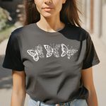 Camiseta Feminina T-shirt Borboletas Blusinha Plus Size Baby Look Camisa - Preto