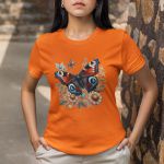 Camiseta Feminina Borboleta Florida 100% Algodão - Laranja