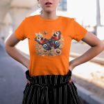 Camiseta Feminina Borboleta Florida 100% Algodão - Laranja