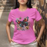 Camiseta Feminina Borboleta Florida 100% Algodão - Rosa