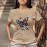 Camiseta Feminina Borboleta Florida 100% Algodão - Cáqui