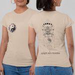 Camiseta Feminina Yin Yang Flor De Lótus Frente E Costas 100% Algodão - Caqui