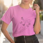 Camiseta Básica Feminina Borboleta Esqueleto Camisa 100% Algodão - Rosa