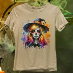 Camiseta Básica Feminina Bruxa Halloween Colorida 100% Algodão Premium - Caqui