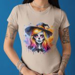 Camiseta Básica Feminina Bruxa Halloween Colorida 100% Algodão Premium - Caqui